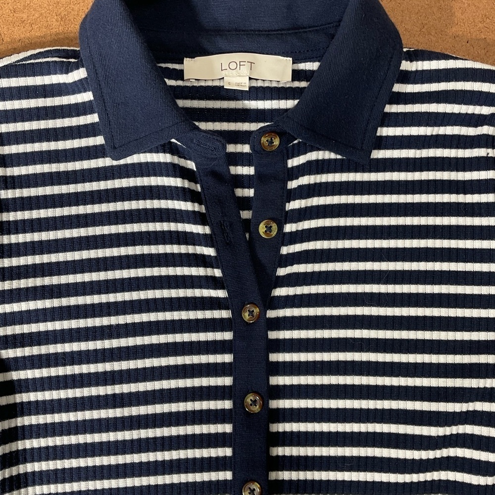 LOFT Navy and White Striped Button Down Shirt - Picture 3 of 8
